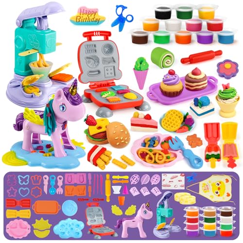 Aprilwolf 60 PCS 3 in 1 Dough Sets for Kids Ages 348 Art Crafts Dough Tools Kit Unicorn Hair Stylist Ice Cream Playset Hamburger Maker Machine Kitchen Creations Food Play Toys Boys Girls - Image 1