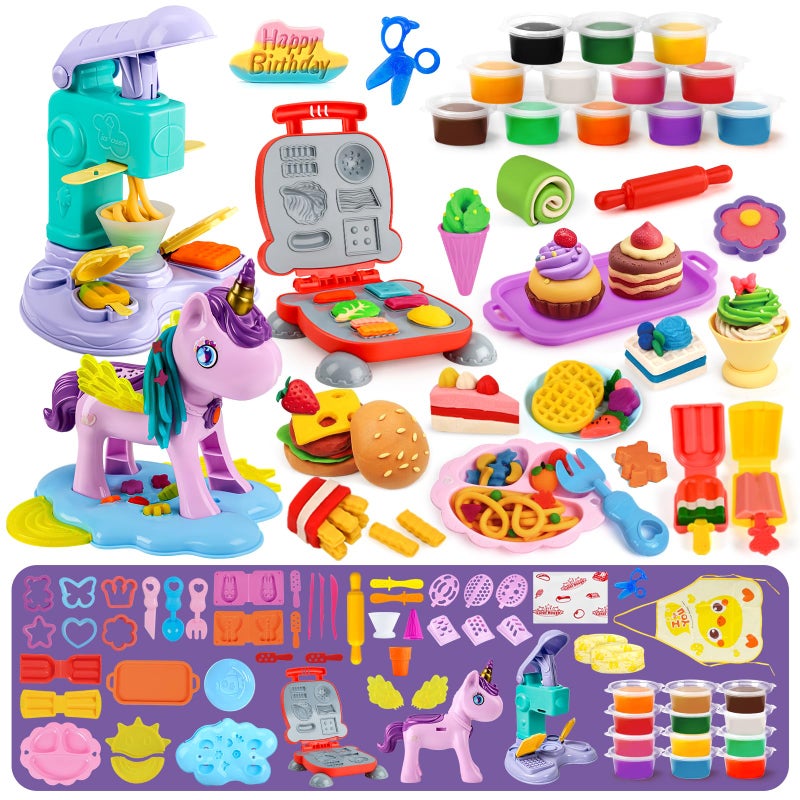 Aprilwolf 60 PCS 3 in 1 Dough Sets for Kids Ages 348 Art Crafts Dough Tools Kit Unicorn Hair Stylist Ice Cream Playset Hamburger Maker Machine Kitchen Creations Food Play Toys Boys Girls - Image 3