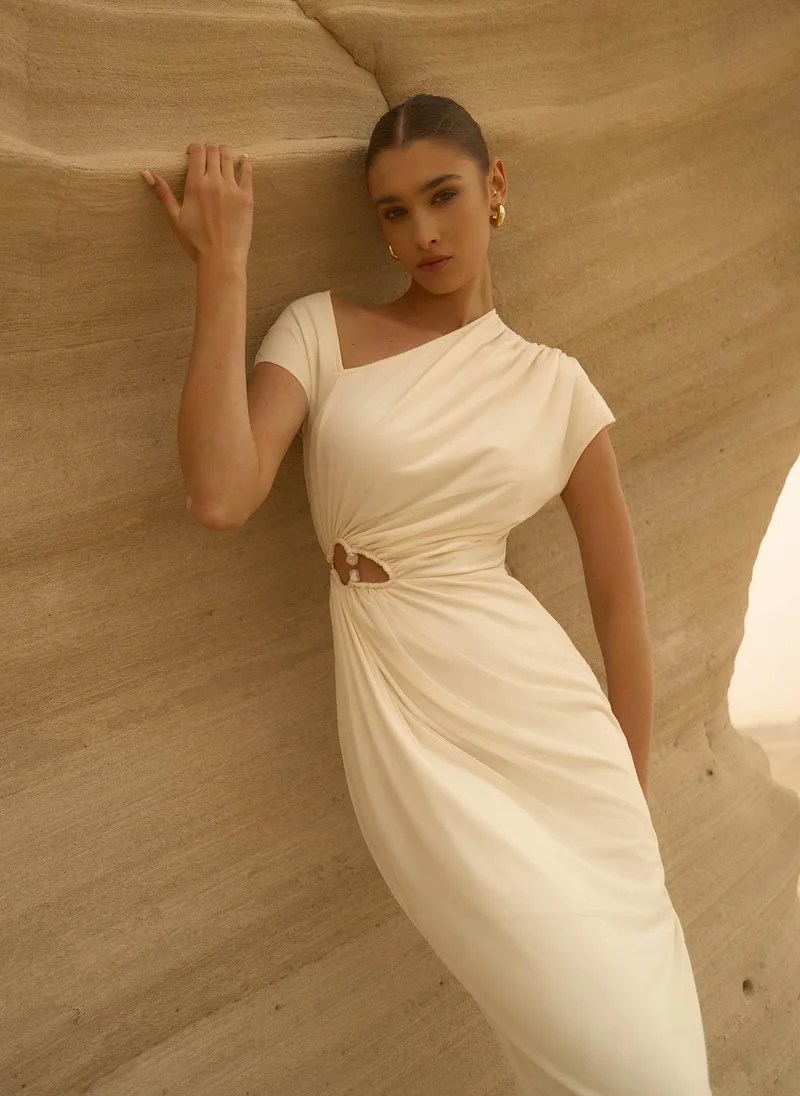 Lichi Midi jersey dress with pleats on the bodice and waist decoration