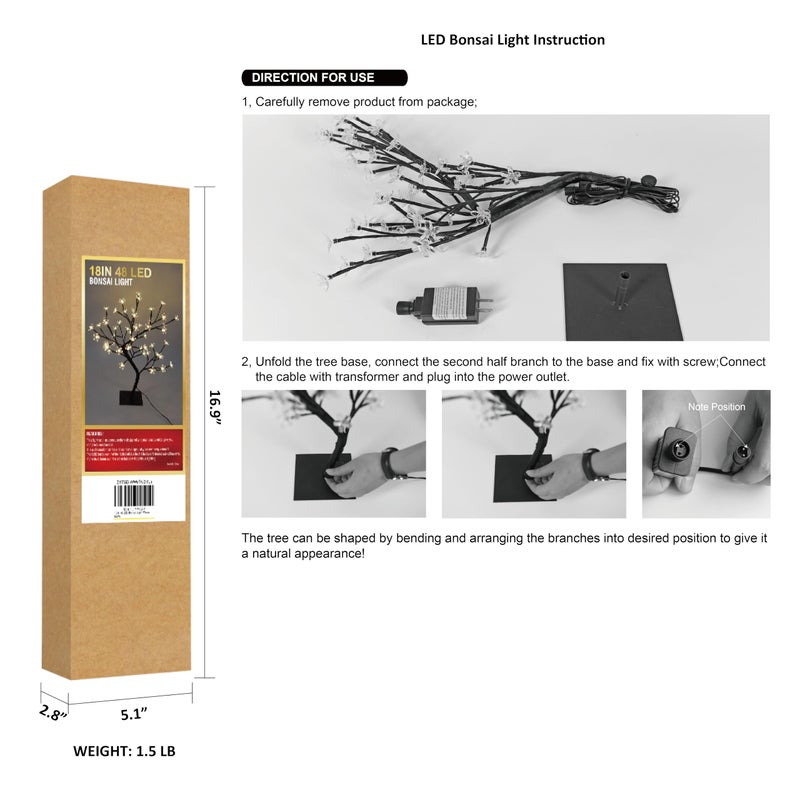 LIGHTSHARE 18 Inch Cherry Blossom Bonsai Tree, 48 LED Lights, 24V UL Listed Adapter Included, Metal Base, Warm White Lights, Ideal as Night Lights, Home Gift Idea - Image 5