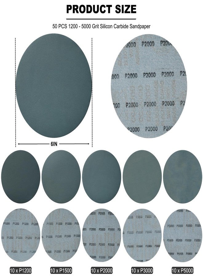 ساكورانج 50 قطعة من أقراص الصنفرة ذات الخطاف والحلقة مقاس 6 بوصات متنوعة - ورق صنفرة من كربيد السيليكون مقاوم للماء ورطب وجاف بحبيبات 1200 و1500 و2000 و3000 و5000 لصنفرة مدارية عشوائية وتلميع وصنفرة الخشب والمعادن للسيارات - Image 2