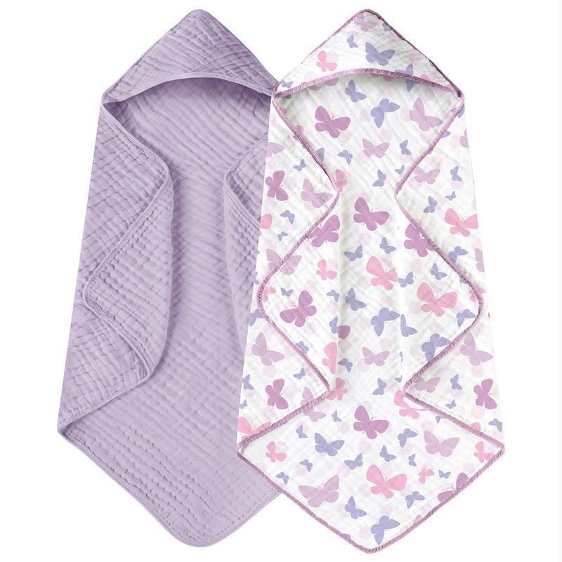 Yoofoss Hooded Baby Towels for Newborn 2 Pack 100% Muslin Organic Cotton Baby Bath Towel with Hood for Babies, Infant, Toddler and Kids, 32x32Inch, Soft and Absorbent Newborn Essential, Butterfly - Image 1