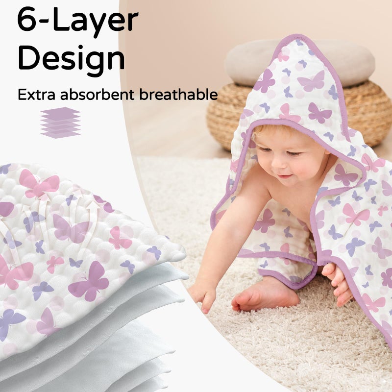 Yoofoss Hooded Baby Towels for Newborn 2 Pack 100% Muslin Organic Cotton Baby Bath Towel with Hood for Babies, Infant, Toddler and Kids, 32x32Inch, Soft and Absorbent Newborn Essential, Butterfly - Image 3