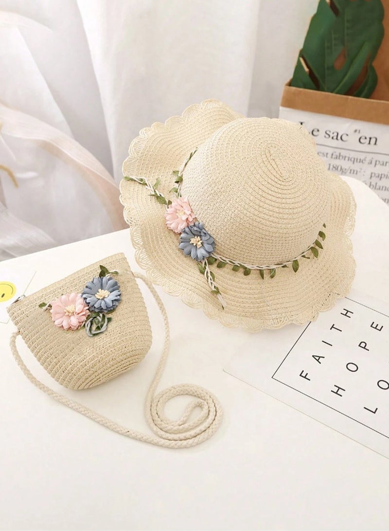 هدبة العيد طقم قبعة وحقيبة كتف من القش للبنات قبعة ذات حافة عريضة وشريط  زهور وحقيبة مصنوعة و منسوجة من القش الناعم مناسبة للشاطىء و السفر والرحلات  تناسب عمر (3-8)y - Image 1