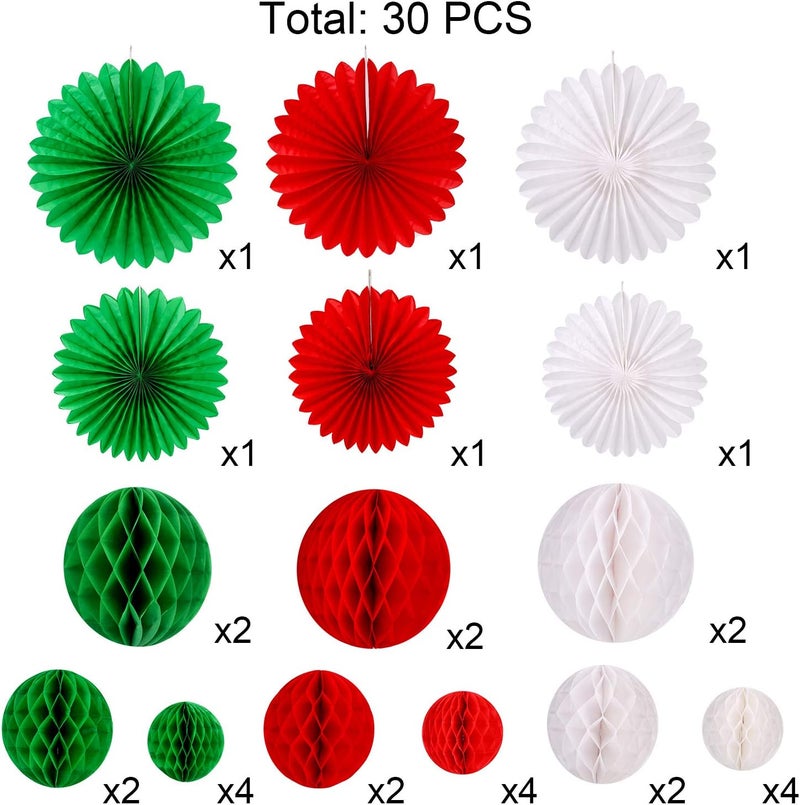 Konsait 30pcs Christmas New Year Hanging Decoration Paper Honeycomb Balls Paper Fans Kit for Xmas Party Decor Supplies Baby Shower Birthday Wedding Home Decoration Red White Green Decor - Image 2