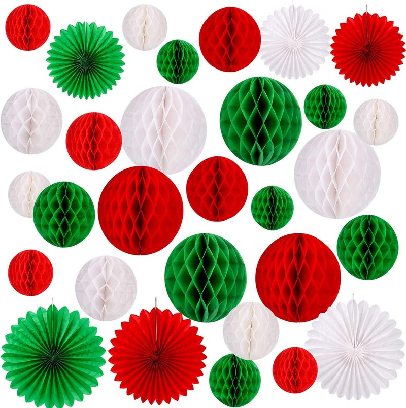 Konsait 30pcs Christmas New Year Hanging Decoration Paper Honeycomb Balls Paper Fans Kit for Xmas Party Decor Supplies Baby Shower Birthday Wedding Home Decoration Red White Green Decor - Image 1