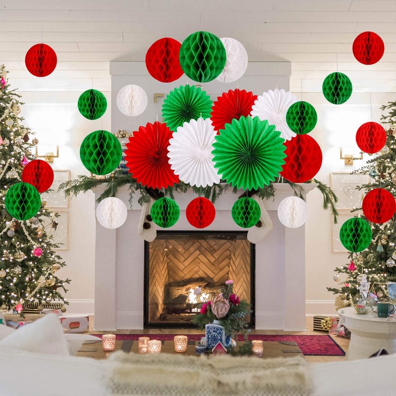 Konsait 30pcs Christmas New Year Hanging Decoration Paper Honeycomb Balls Paper Fans Kit for Xmas Party Decor Supplies Baby Shower Birthday Wedding Home Decoration Red White Green Decor - Image 5