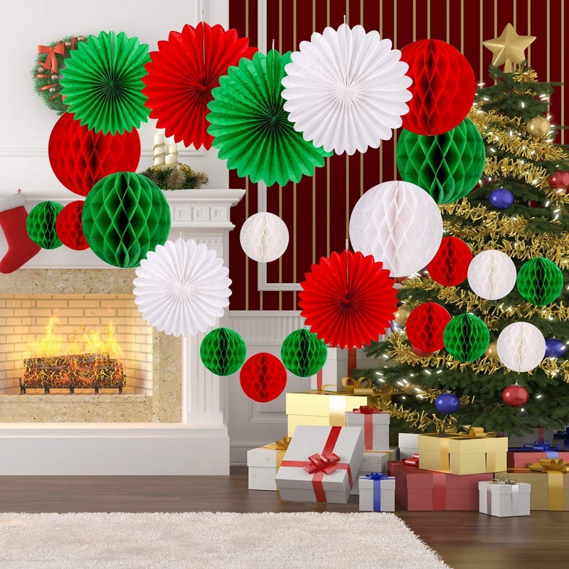 Konsait 30pcs Christmas New Year Hanging Decoration Paper Honeycomb Balls Paper Fans Kit for Xmas Party Decor Supplies Baby Shower Birthday Wedding Home Decoration Red White Green Decor - Image 4