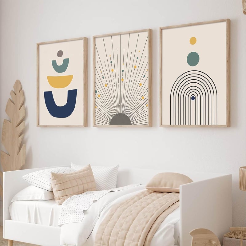 Ecyanlv Mid Century Wall Art - Boho Abstract Wall Art - Mid Century Modern Canvas Prints - Geometric Sun Wall Art - Minimalist Line Drawing Wall Painting Vintage Poster for Living Room Bedroom Decor Unframed - Image 1