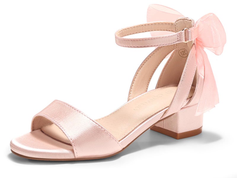 Coutgo Girls Dress Shoes Sandals Chunky Low Heels Bow Ankle Strap Flower Girl Wedding Party Shoes for Little Kids, Pink, Size 2 - Image 1