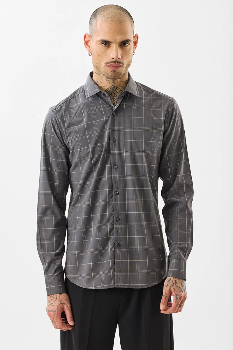 سنيتش Dark Grey Checkered Long Sleeve Slim Fit Luxe Shirt