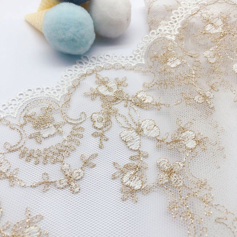IRIZ 3 Yards of 17cm Retro Golden Line Floral Embroidery Tulle Lace Trim - Image 4
