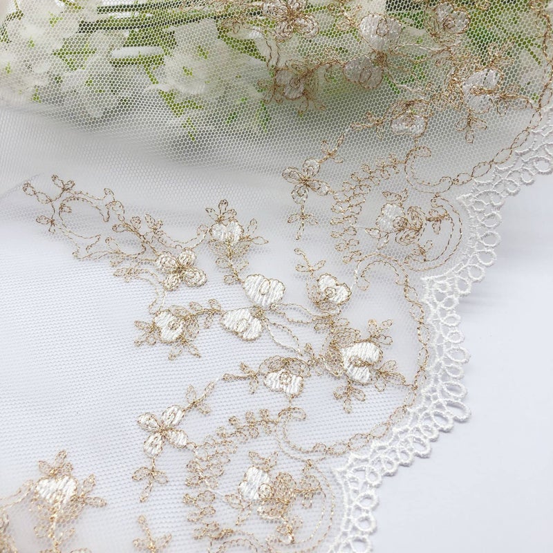IRIZ 3 Yards of 17cm Retro Golden Line Floral Embroidery Tulle Lace Trim - Image 1