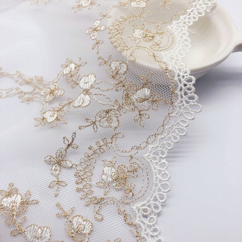 IRIZ 3 Yards of 17cm Retro Golden Line Floral Embroidery Tulle Lace Trim - Image 3
