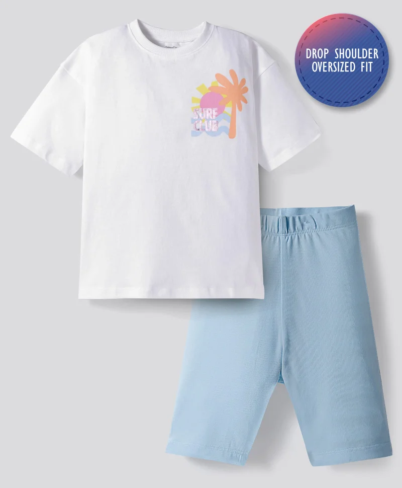 Primo Gino Primo Gino 100% Cotton Knit Drop Shoulder Half Sleeves Oversized T-Shirt & Short Set with Surfing Front & Back Print - Light Blue & White