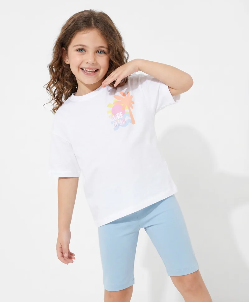 Primo Gino Primo Gino 100% Cotton Knit Drop Shoulder Half Sleeves Oversized T-Shirt & Short Set with Surfing Front & Back Print - Light Blue & White