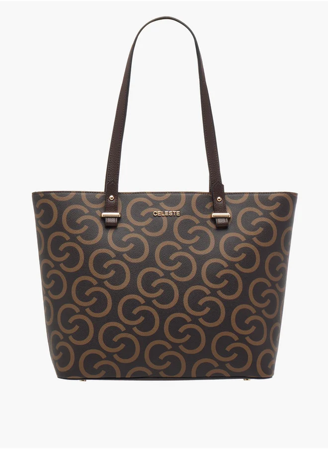 Celeste Monogram Print Tote Bag with Double Handles and Zip Closure