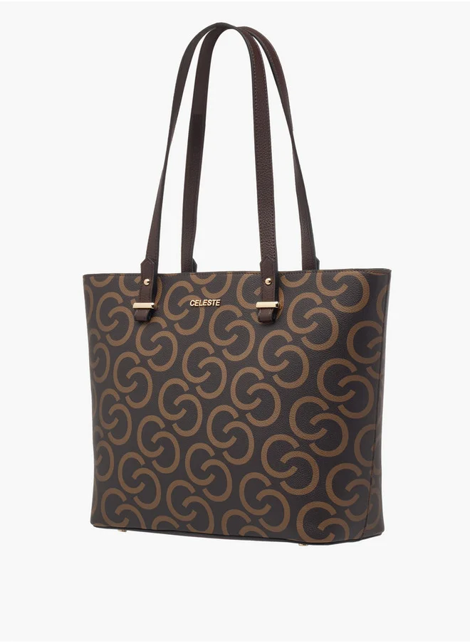 Celeste Monogram Print Tote Bag with Double Handles and Zip Closure