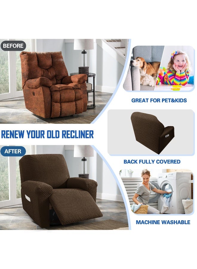 MAXIJIN Latest Recliner Slipcovers for Living Room 4 Pieces Stretch Jacquard Recliner Chair Cover Soft Fitted Recliner Protector with Elastic Bottom for Kids, Pets (Recliner, Dark Coffee) - Image 5