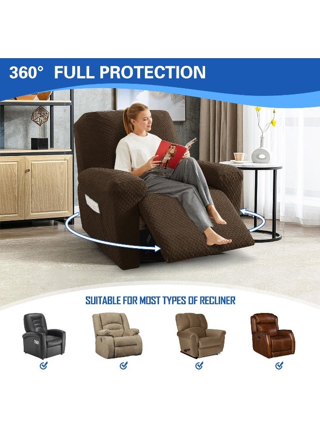MAXIJIN Latest Recliner Slipcovers for Living Room 4 Pieces Stretch Jacquard Recliner Chair Cover Soft Fitted Recliner Protector with Elastic Bottom for Kids, Pets (Recliner, Dark Coffee) - Image 2