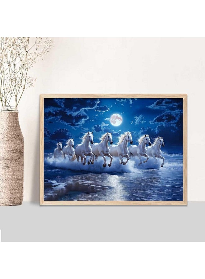HOTHOUSE Seven Running Horses Vastu Framed Wall Art | White Horses Under Moonlight Over Ocean Waves | Serene Wall Décor for Home, Office & Bedroom - Image 1