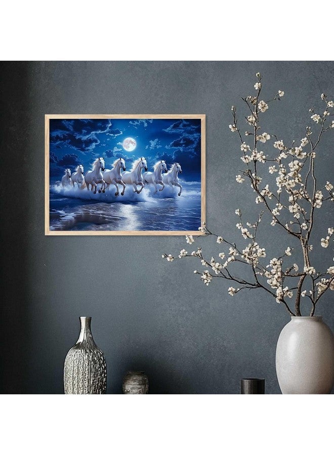 HOTHOUSE Seven Running Horses Vastu Framed Wall Art | White Horses Under Moonlight Over Ocean Waves | Serene Wall Décor for Home, Office & Bedroom - Image 3