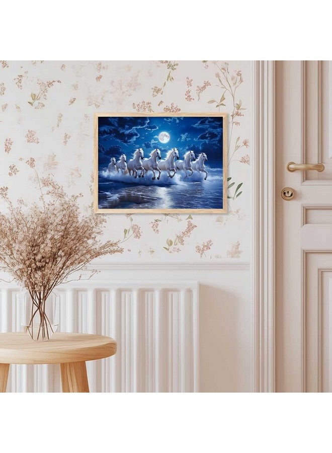 HOTHOUSE Seven Running Horses Vastu Framed Wall Art | White Horses Under Moonlight Over Ocean Waves | Serene Wall Décor for Home, Office & Bedroom - Image 5