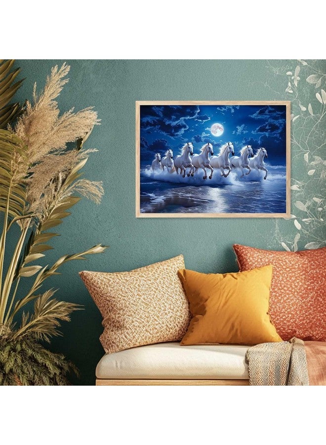HOTHOUSE Seven Running Horses Vastu Framed Wall Art | White Horses Under Moonlight Over Ocean Waves | Serene Wall Décor for Home, Office & Bedroom - Image 4