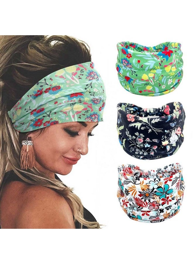 Bohend Boho Headband Wide Stretchy Floral Bandana 3Pcs Daily Use Knotted Headwear Sport Athletic Yoga Gym Hair Accessories For Women And Girls (A)  - Image 1