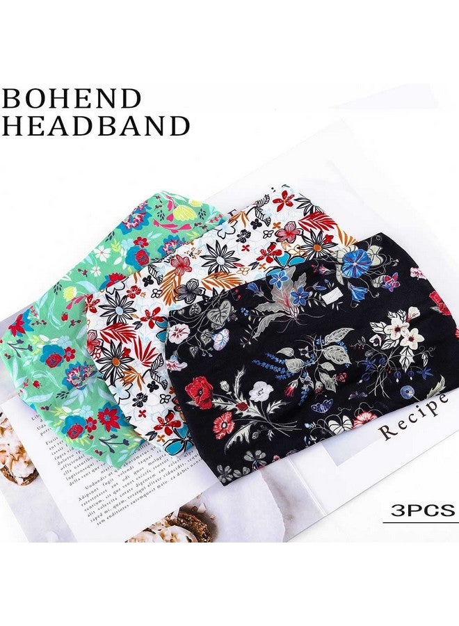 Bohend Boho Headband Wide Stretchy Floral Bandana 3Pcs Daily Use Knotted Headwear Sport Athletic Yoga Gym Hair Accessories For Women And Girls (A)  - Image 2