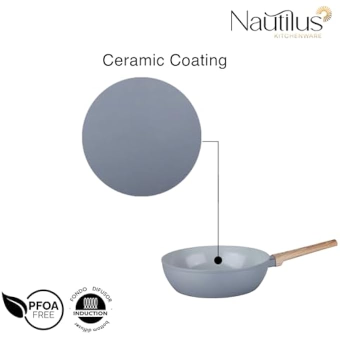 Nautilus Kitchenware Deep Fry Pan 24Cm Forged Aluminium Ceramic Coating Frying Pan Pfoa Free Dishwasher Safe Skillet Soft Touch Handle Cookware  GreyWooden - Image 4