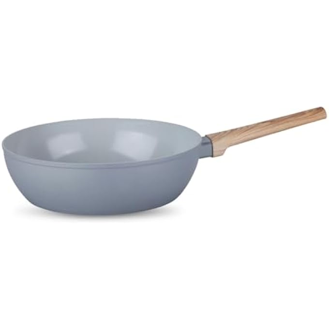 Nautilus Kitchenware Deep Fry Pan 24Cm Forged Aluminium Ceramic Coating Frying Pan Pfoa Free Dishwasher Safe Skillet Soft Touch Handle Cookware  GreyWooden - Image 1