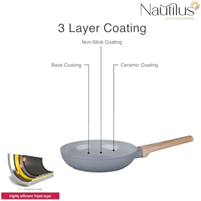 Nautilus Kitchenware Deep Fry Pan 24Cm Forged Aluminium Ceramic Coating Frying Pan Pfoa Free Dishwasher Safe Skillet Soft Touch Handle Cookware  GreyWooden - Image 5