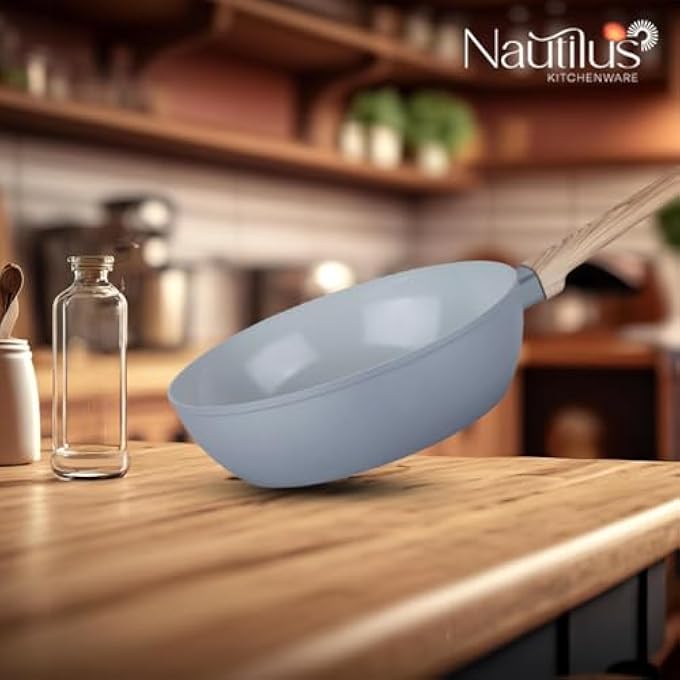 Nautilus Kitchenware Deep Fry Pan 24Cm Forged Aluminium Ceramic Coating Frying Pan Pfoa Free Dishwasher Safe Skillet Soft Touch Handle Cookware  GreyWooden - Image 3