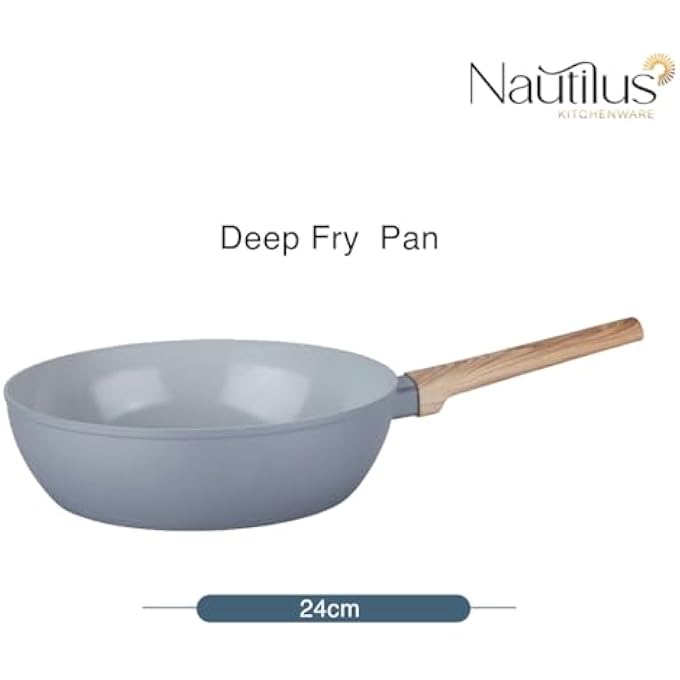 Nautilus Kitchenware Deep Fry Pan 24Cm Forged Aluminium Ceramic Coating Frying Pan Pfoa Free Dishwasher Safe Skillet Soft Touch Handle Cookware  GreyWooden - Image 2