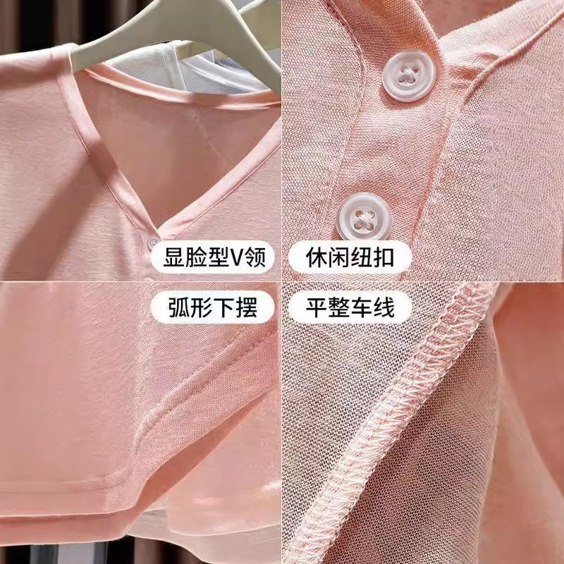 Ice Silk Knitted Sunscreen Blouse Long-sleeved T-shirt Womens Summer Snowflake Cotton Base Shirt Thin Pure V-neck Short Top white - Image 5