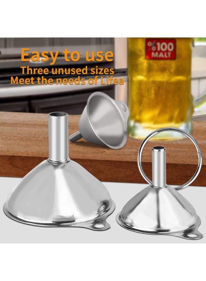 6 Pcs Metal Stainless Steel Funnel, Large Small Funnel Set of 3, Food Grade Mini Funnels for Kitchen Use Filling Bottles Liquor Flask Tiny Spice Cooking Powder Water, 2 Pcs Cleaning Brushes - Image 1