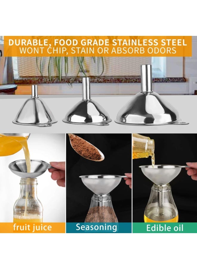 6 Pcs Metal Stainless Steel Funnel, Large Small Funnel Set of 3, Food Grade Mini Funnels for Kitchen Use Filling Bottles Liquor Flask Tiny Spice Cooking Powder Water, 2 Pcs Cleaning Brushes - Image 4
