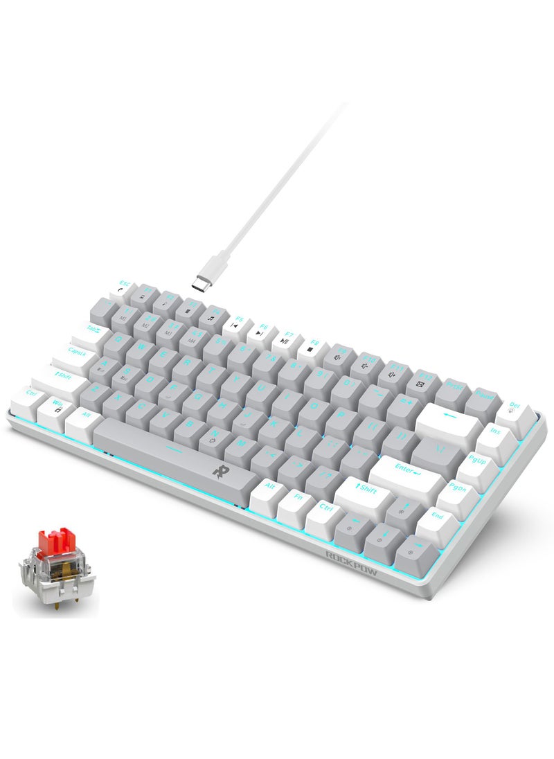 Rock Pow - ROCK POW 84 Keys Mechanical Gaming Keyboard Ice Blue Backlit Ultra-Compact Mini Keyboard Mini Compact Keyboard for PC/Mac Gamer Typist Easy Carry on Trip Red Switch - Image 1