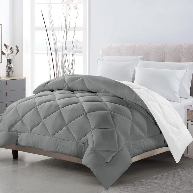 TUNDWAL'S TUNDWALS Microfiber Reversible Solid Extra Comfort Soft ComforterBlanket Double Bed 200 GSM Grey White1 Piece - Image 1