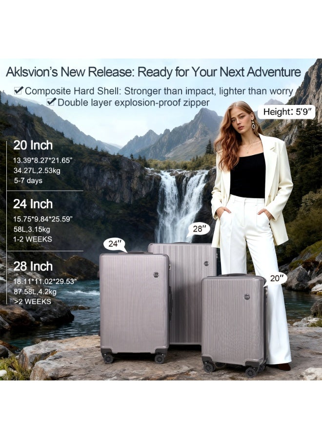 أكلسفيون حقيبة تحتوي على 3 حقائب مع عجلات دوارة خفيفة الوزن ABS+ حقيبة سفر (20/24/28) رمادية - Image 2