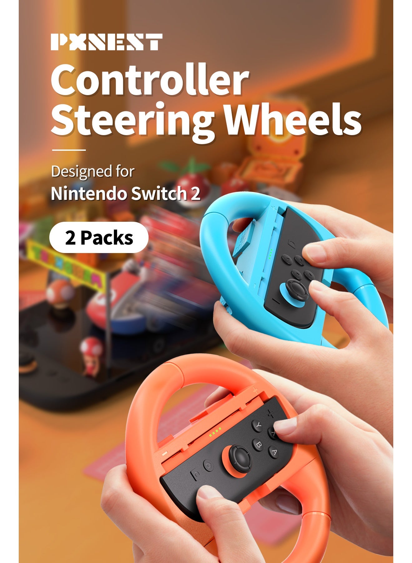 Pxnest Steering Wheel for Nintendo Switch 2, 2 Pack Racing Steering Wheel for Mario Kart World 9/8, Mario Kart Steering Wheel Grip for Switch2 Joy-con Accessories Kit (Red-Blue)