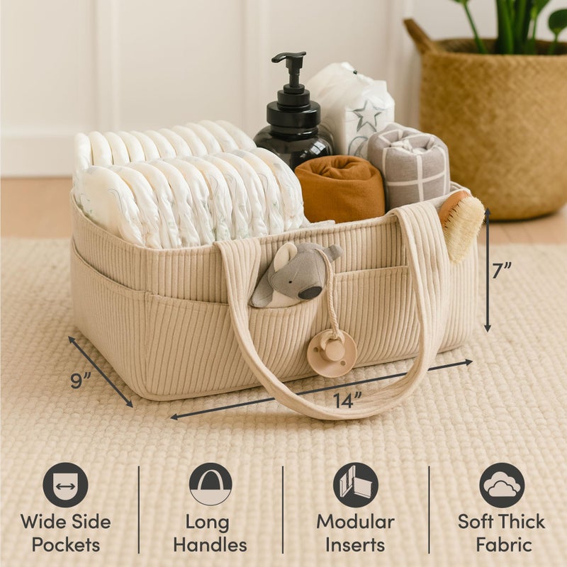 PUTSKA Baby Diaper Caddy Organizer for Changing Table â€“ Stylish Nursery Storage Basket, Newborn Essentials, Baby Shower Gifts and Registry Must-Haves for Boy or Girl, Car Diaper Caddy, Corduroy Cream - Image 2