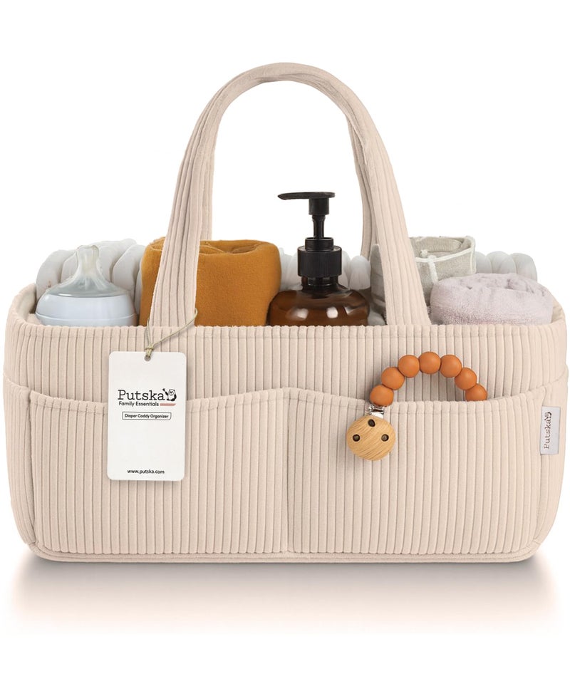 PUTSKA Baby Diaper Caddy Organizer for Changing Table â€“ Stylish Nursery Storage Basket, Newborn Essentials, Baby Shower Gifts and Registry Must-Haves for Boy or Girl, Car Diaper Caddy, Corduroy Cream - Image 1