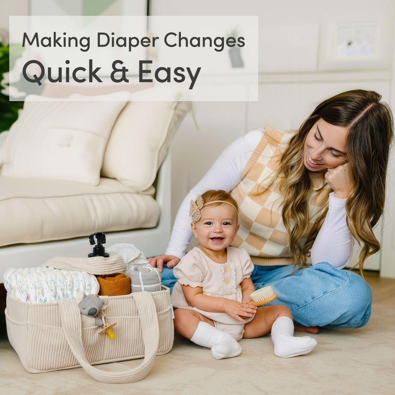 PUTSKA Baby Diaper Caddy Organizer for Changing Table â€“ Stylish Nursery Storage Basket, Newborn Essentials, Baby Shower Gifts and Registry Must-Haves for Boy or Girl, Car Diaper Caddy, Corduroy Cream - Image 3