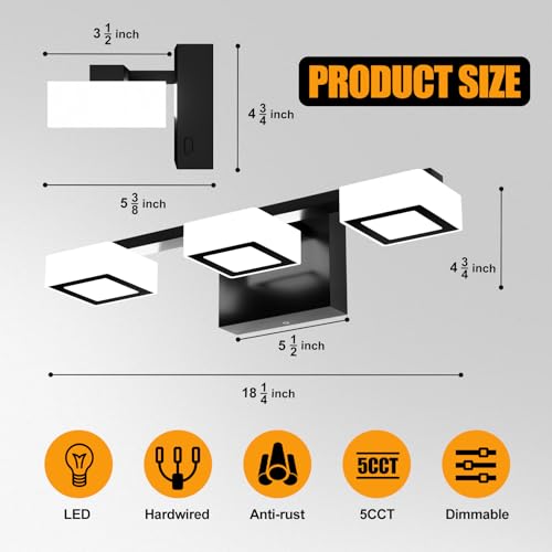 Lightania LED Modern Bathroom Light Fixtures, 3-Light Dimmable Vanity Lights with 5 Color Modes, Matte Black Acrylic Bathroom Wall Lighting Fixtures Over Mirror, 2700K- 6500K Adjustable, 18 Inch, ETL Listed - Image 4