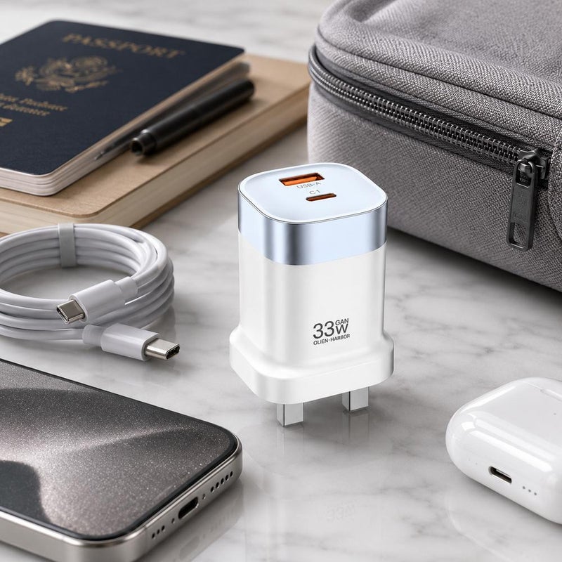 Denx DX238 33W GaN Fast Charger USB-C PD + USB-A Dual Port Wall Charger, UK 3-Pin Power Adapter Compatible with iPhone 16/15/14, Samsung Galaxy S25/S24/S23, Xiaomi, Redmi, Oppo, Vivo, Huawei, iPad & Tablets, 1 Year Warranty - Image 2