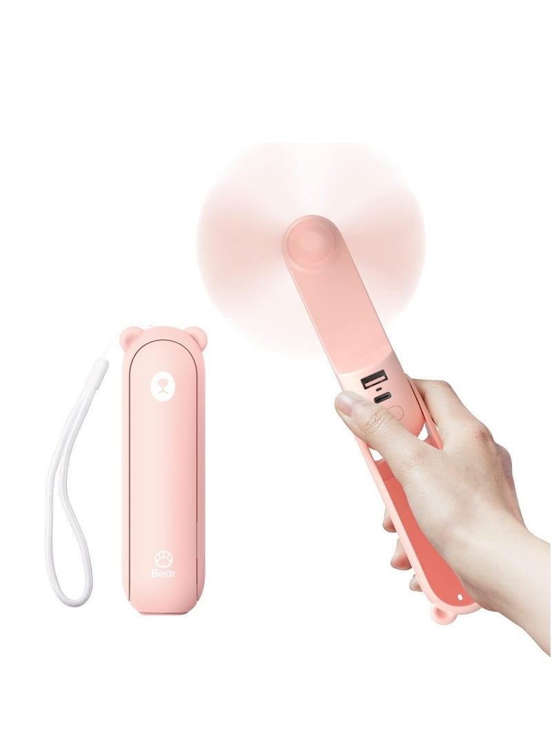Portable Handheld Fan, Mini Pocket Hand Fan, Small Battery Operated 14-21 hours, USB Rechargeable Foldable Fan, Quiet Personal Fan with Power Bank, Flashlight for Indoor, Outdoor - Pink - Image 1