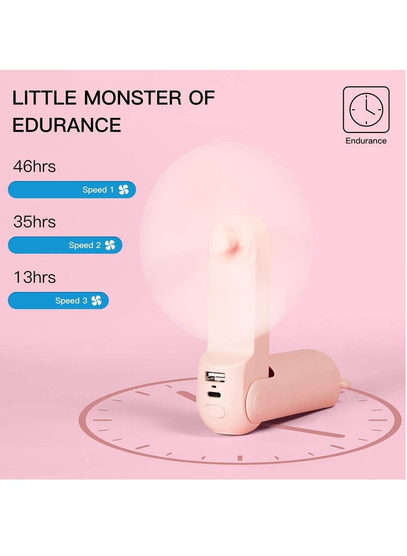 Portable Handheld Fan, Mini Pocket Hand Fan, Small Battery Operated 14-21 hours, USB Rechargeable Foldable Fan, Quiet Personal Fan with Power Bank, Flashlight for Indoor, Outdoor - Pink - Image 4