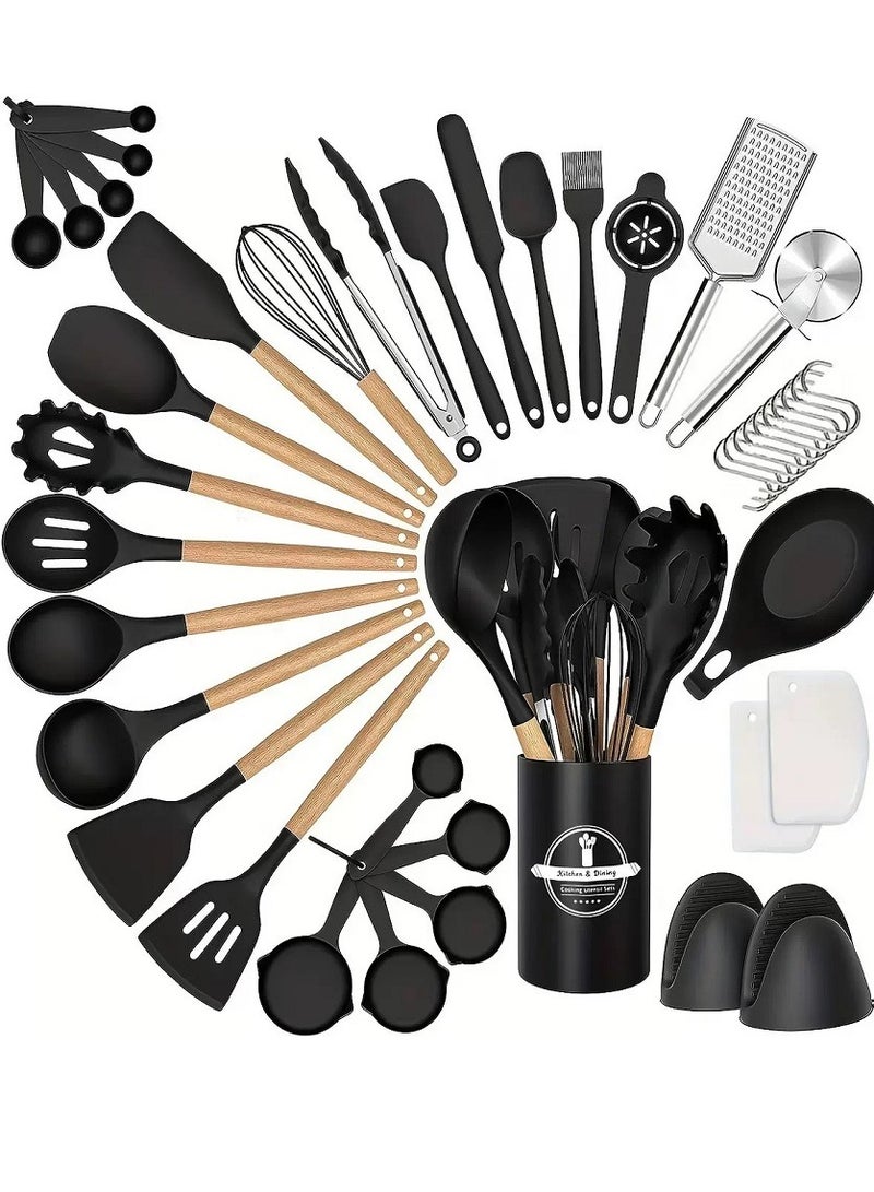 مجموعة من أدوات المطبخ السيليكون من 43 قطعة: غير ملتصقة ومقاومة للحرارة ، مع مقبض خشبي وسقالات تخزين ، مثالية للطهي - Image 1